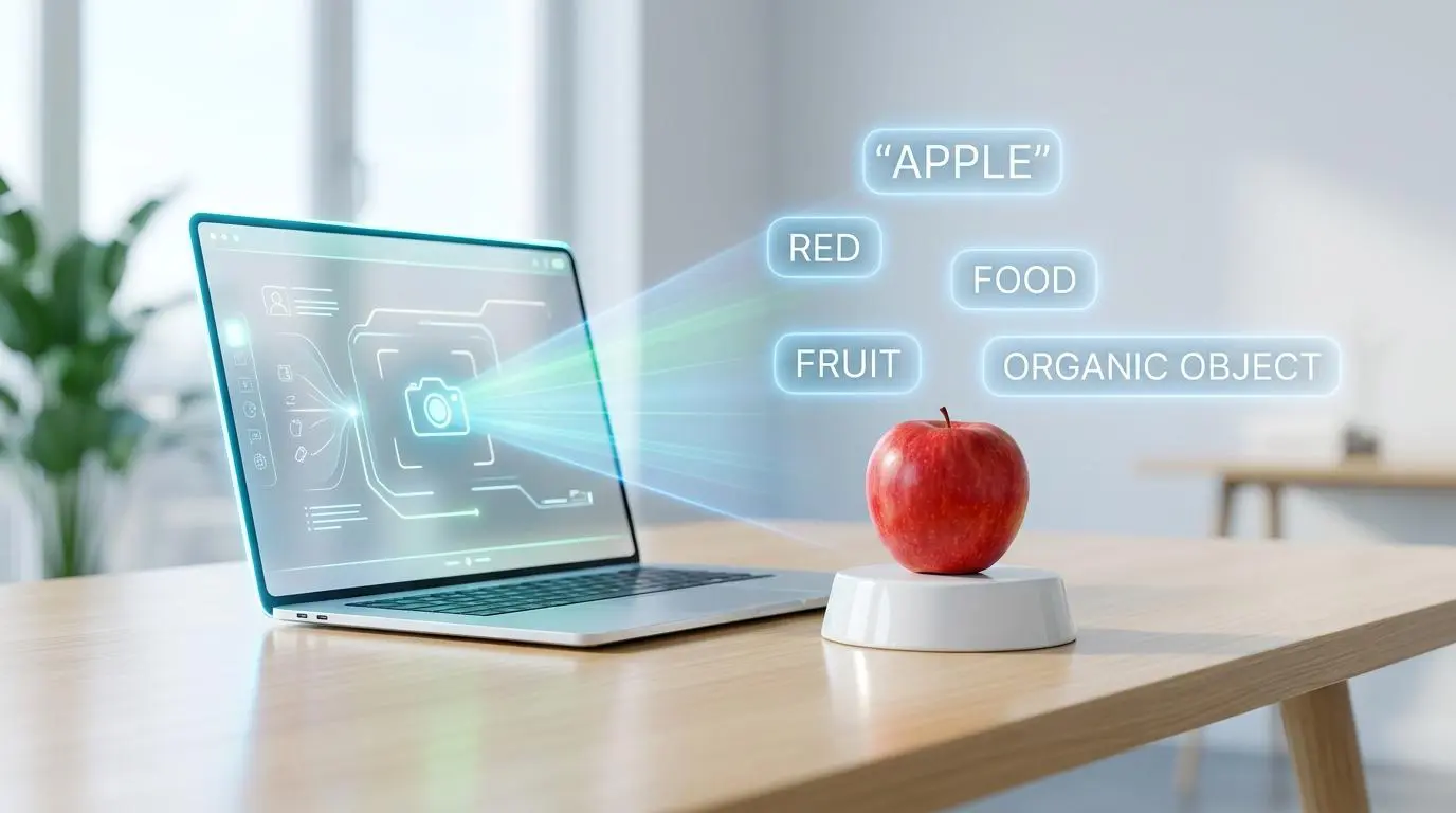 Laptop analyzing an apple with semantic labels like 'fruit', 'red', 'food', 'organic object' generated.