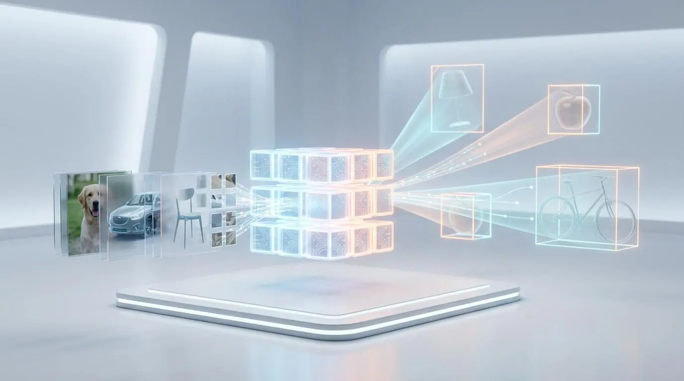 Vision transformers processing images of a dog, car, and chair to detect objects like lamps, apples, and bicycles for produce sorting.
