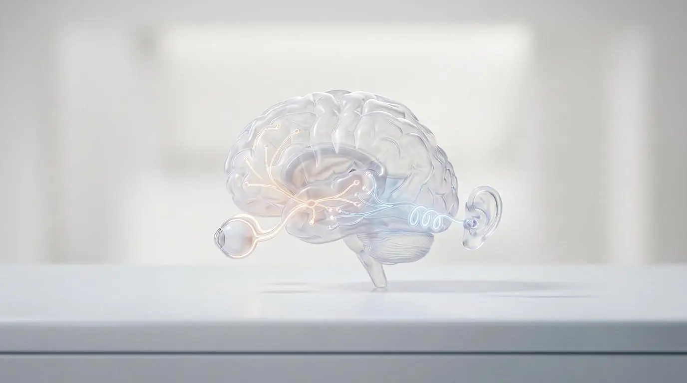 Alibaba Cloud Tongyi Qianwen's integrated visual & auditory neural system with eye & ear connections.