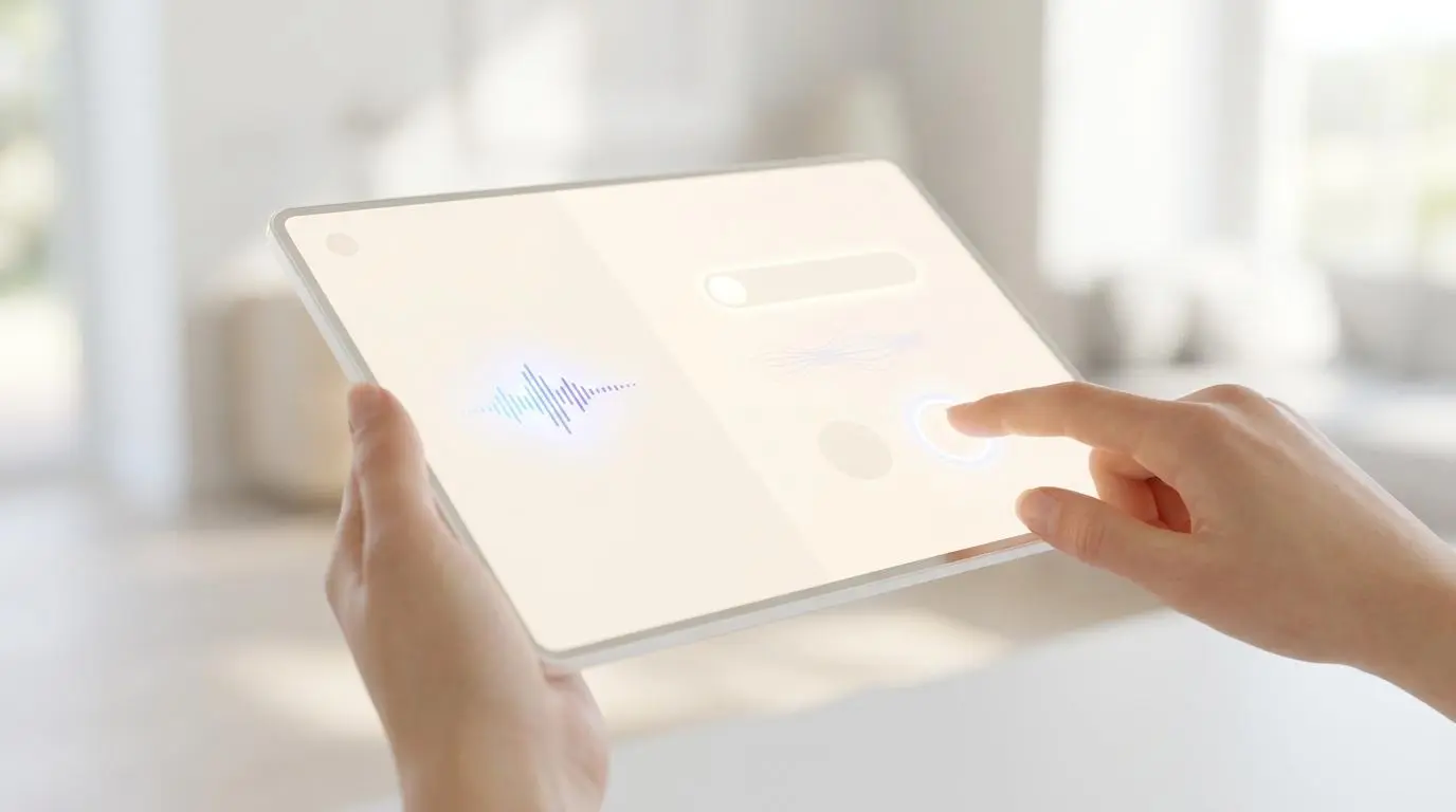 Tablet displaying voice-first interfaces for EHR/EMR systems, with soundwave visualization.
