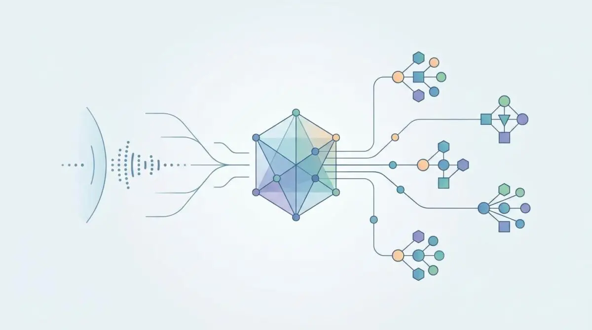 Voice search data flow: audio input processed into structured entity retrieval for AI.