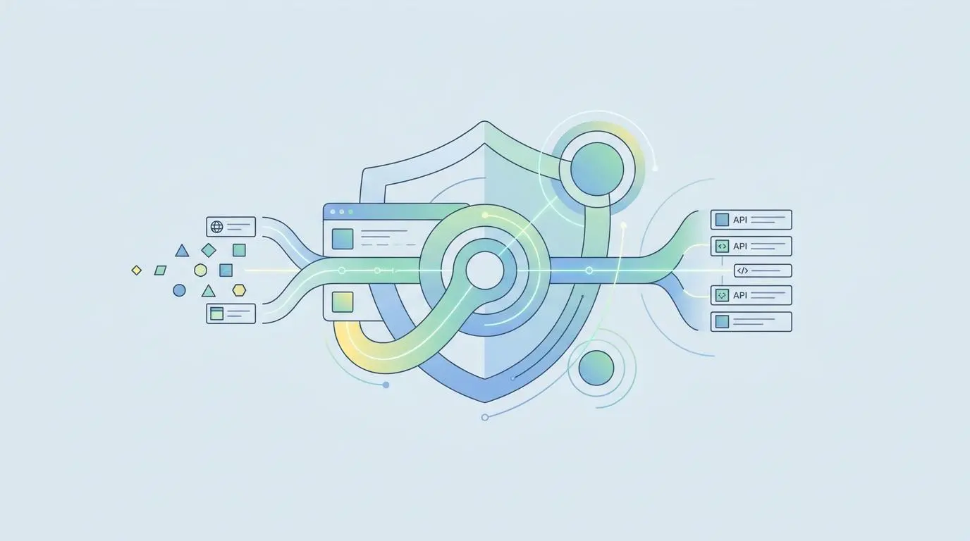Illustration showing integrated web application and API protection with a shield graphic, symbolizing cloud-based WAF services.