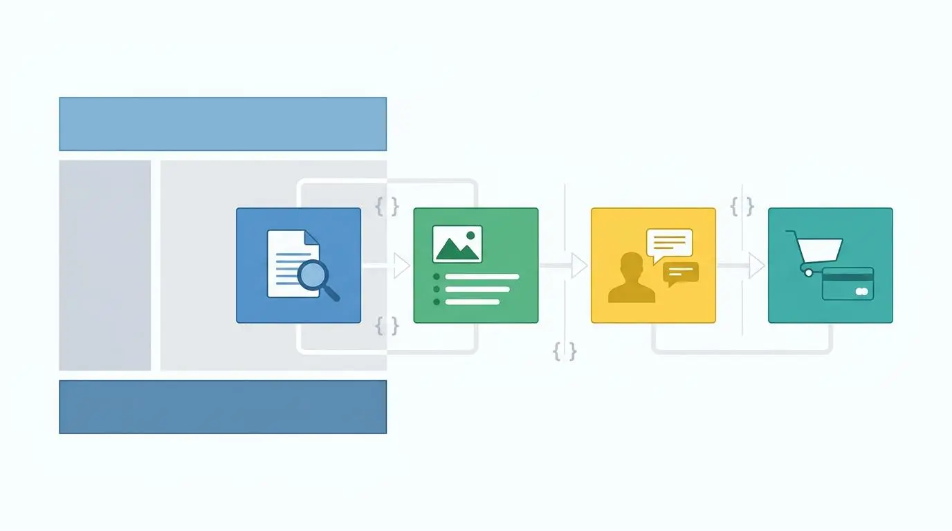 Vector website layout with semantic chunking icons: search, content, user interaction, checkout. Benefits of AI.
