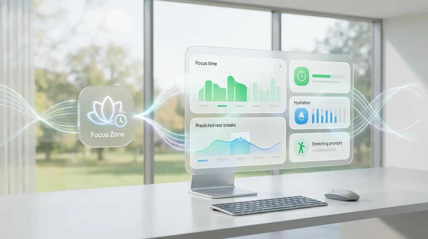 Dashboard for automated wellness features like Focus Zone, hydration, and stretching in remote collaboration tools.
