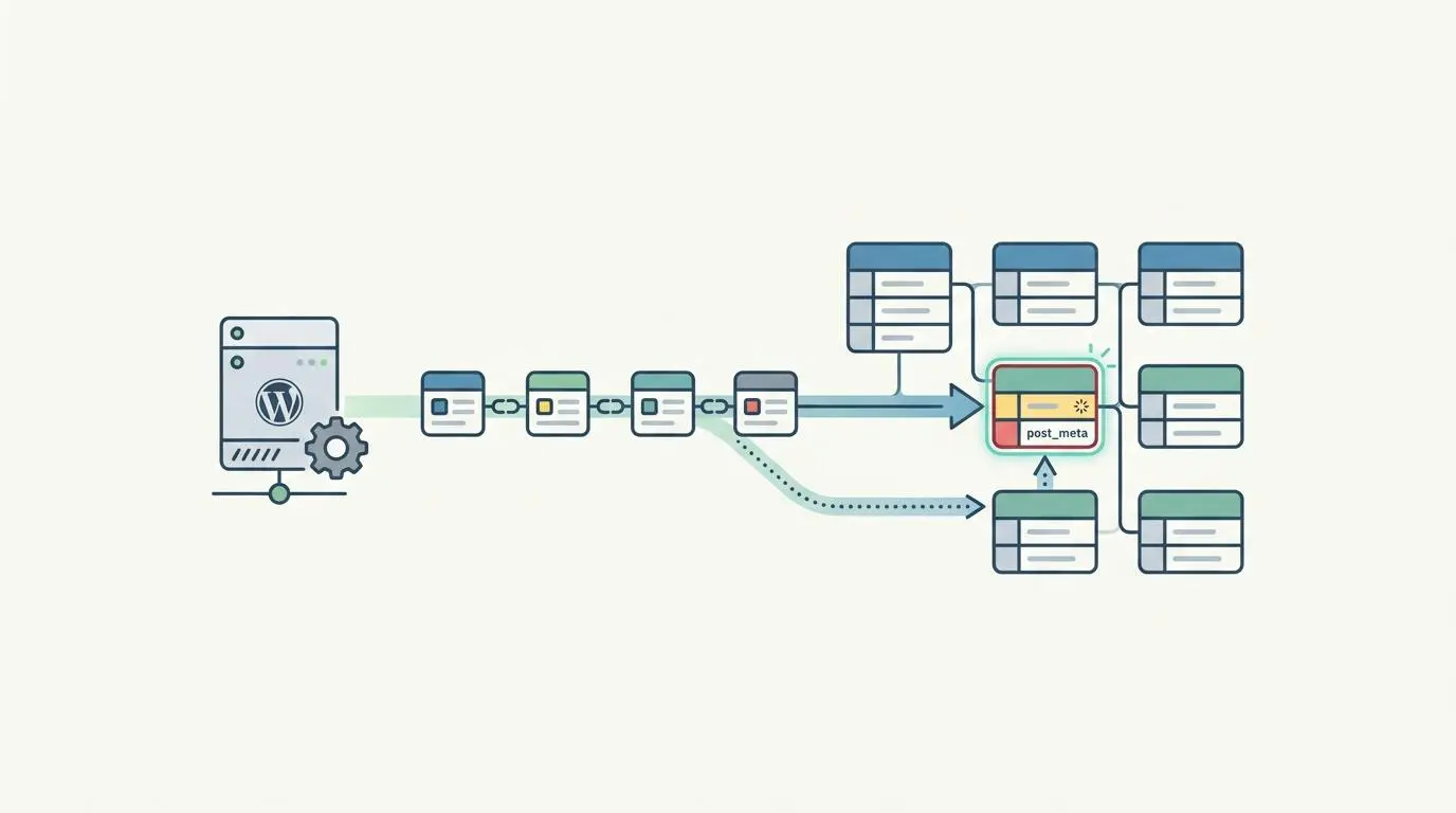 WordPress database meta field injection flow from API via Make.com for dynamic course schema generation.