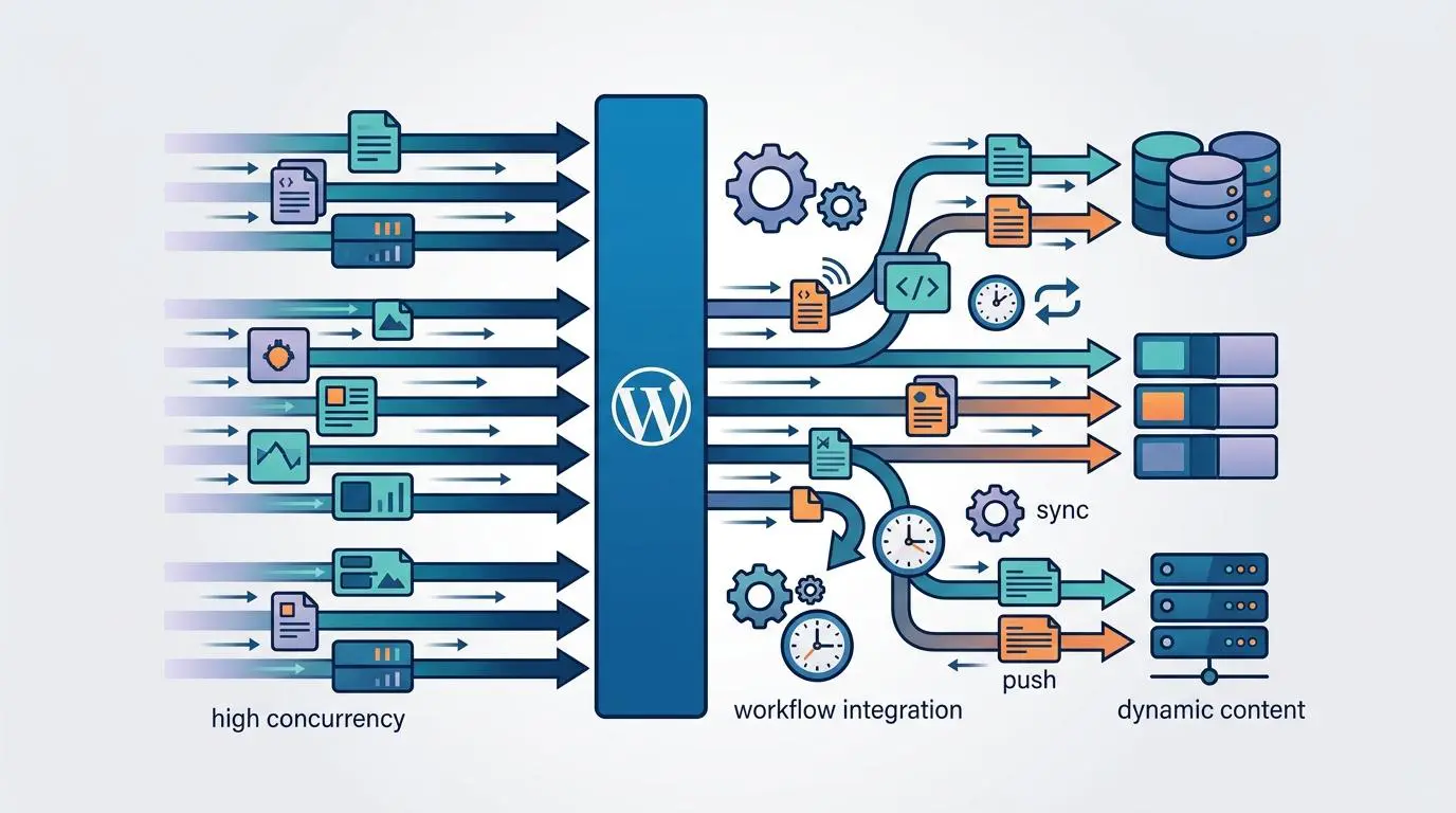 High concurrency WordPress REST API workflow integration with data sync and push to dynamic content.