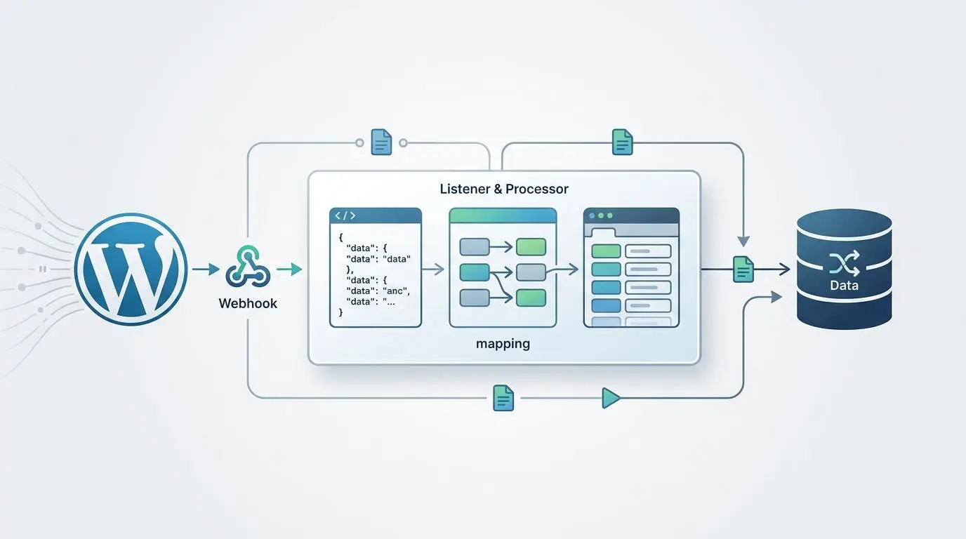 WordPress webhook listener payload mapping process flow to data storage.