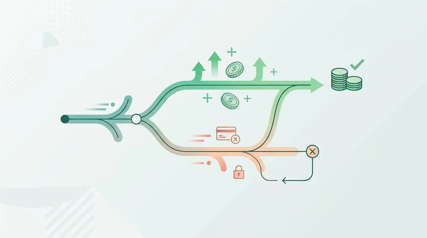 Workflow branching for budget management with credit card and money icons, reflecting AI personalization.