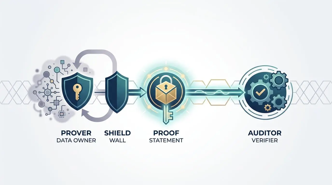 Zero knowledge proof diagram: Prover shields data, proof statement creates verifiable credential, auditor verifies for AI voter targeting.
