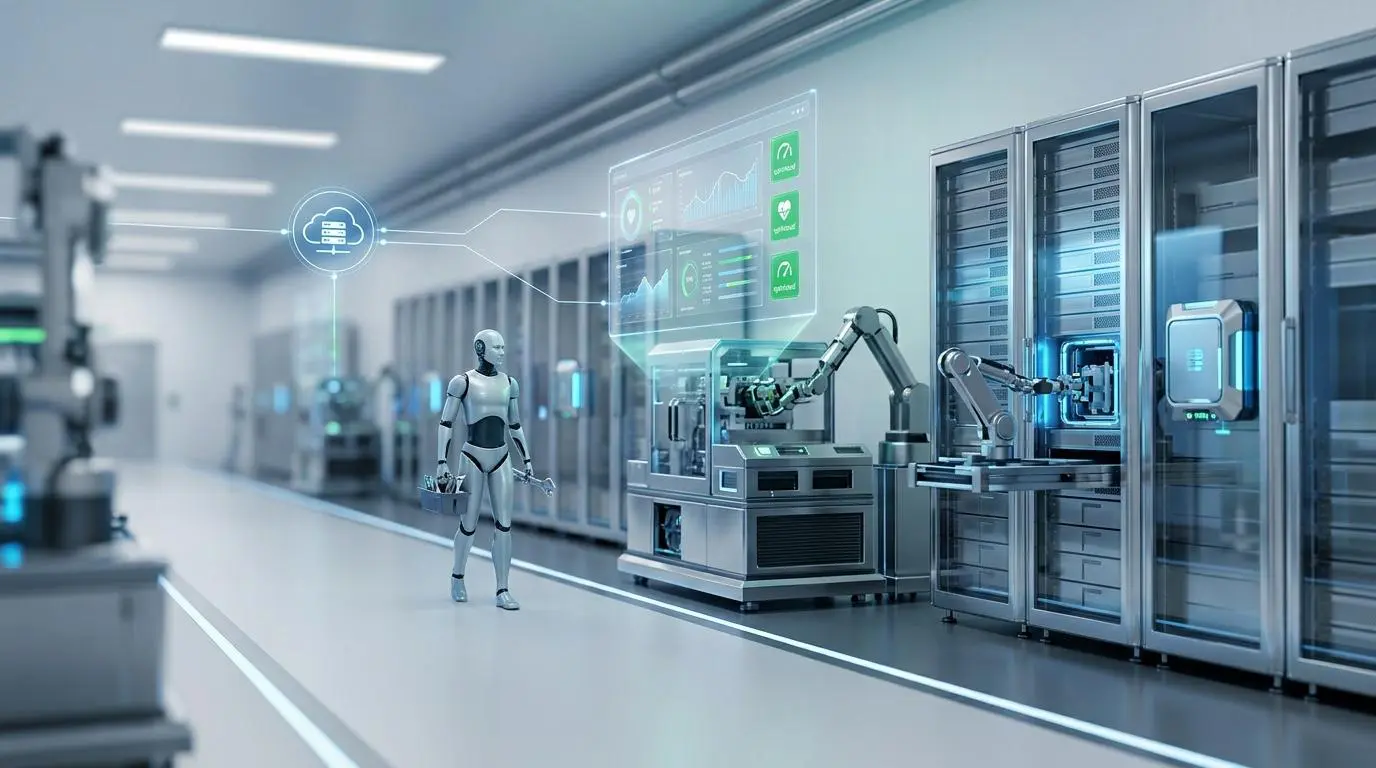 Robot worker and automated arm in a cleanroom, visualizing instant AR deployment for machine error code troubleshooting. By Andres SEO Expert.