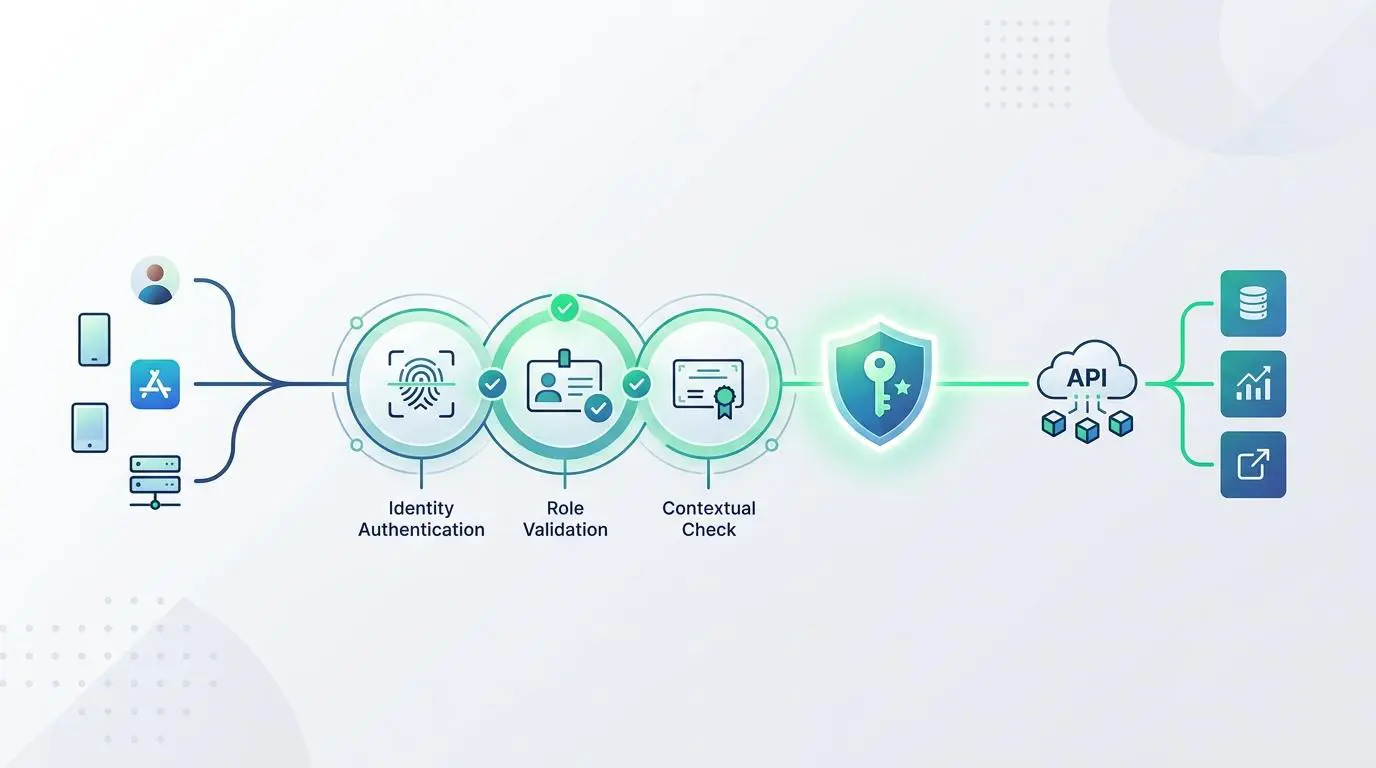 Zero trust API security authentication protocols: identity, role, and contextual checks for secure API access.