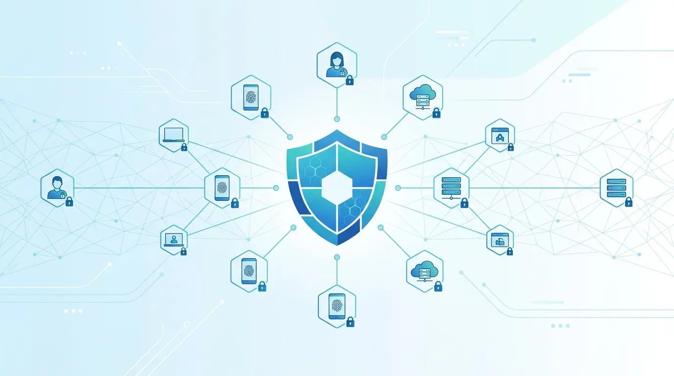 Distributed security icons linked to a central shield, representing zero trust architecture for cloud WAF services.