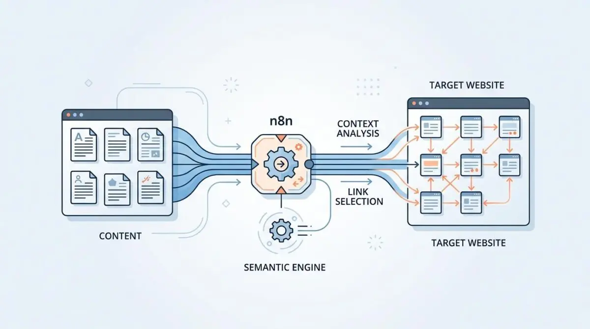 Automated semantic internal linking using n8n for context analysis and link selection on a target website.
