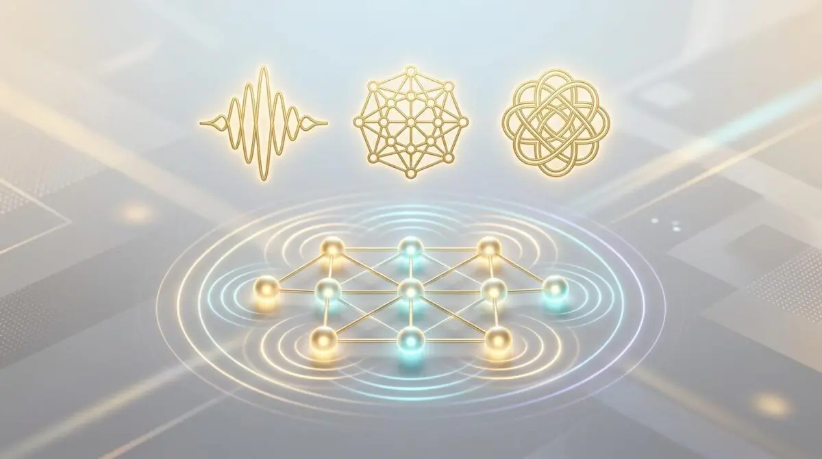 Glowing 3x3 grid nodes with ripple light effects, gold waveform, network grid, and knot icons symbolizing quantum error correction