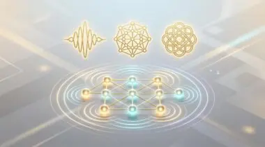 Glowing 3x3 grid nodes with ripple light effects, gold waveform, network grid, and knot icons symbolizing quantum error correction