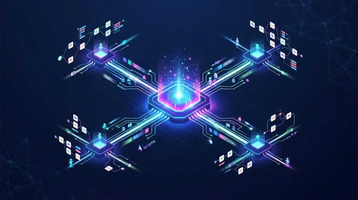 Isometric 3D node network with AI agents auto-building n8n workflows via Antigravity MCP integration, glowing circuits and data streams.
