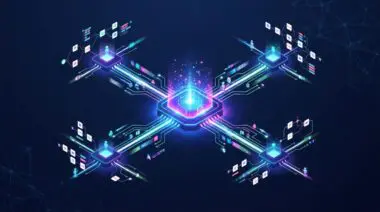 Isometric 3D node network with AI agents auto-building n8n workflows via Antigravity MCP integration, glowing circuits and data streams.
