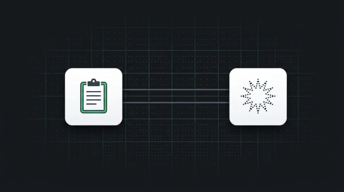 Dark tech interface with two white squares on dotted grid, left clipboard with green accent, right star icon, connected by lines, representing AI audit trails governance.