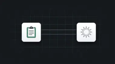 Dark tech interface with two white squares on dotted grid, left clipboard with green accent, right star icon, connected by lines, representing AI audit trails governance.