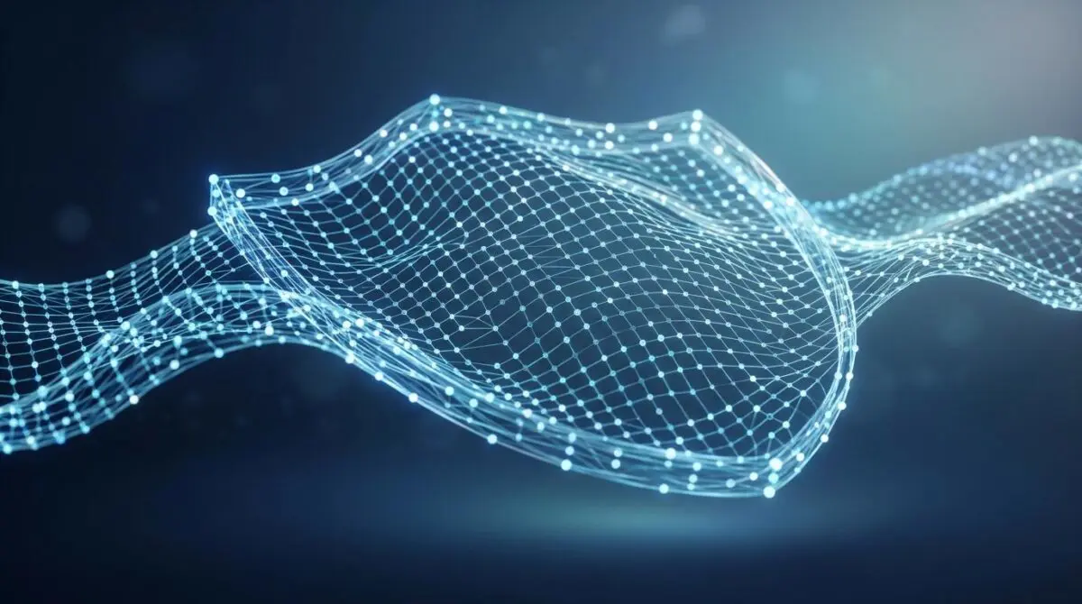 Wavy translucent grid of circular nodes forming a protective shield, symbolizing AI bioresilience strategy for prevention, detection, response