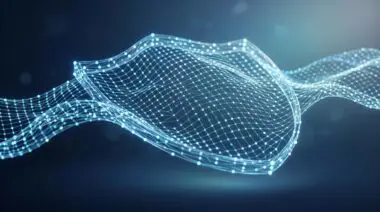 Wavy translucent grid of circular nodes forming a protective shield, symbolizing AI bioresilience strategy for prevention, detection, response