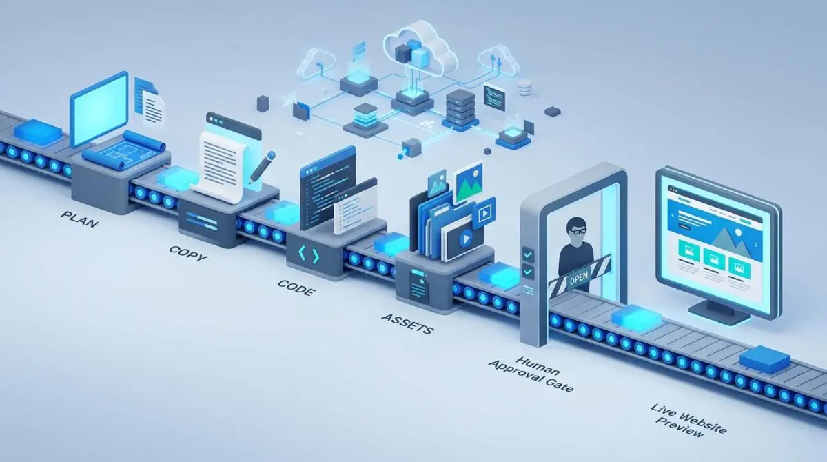 Isometric conveyor belt pipeline with plan, copy, code, asset stations leading through human approval gate to live website preview, representing AI-powered brand-compliant site building.