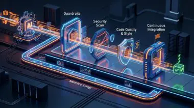 Isometric 3D render of a validation pipeline with shield-like gates and neon orange metrics loop for AI code generation in a data center, representing regulatory risks.