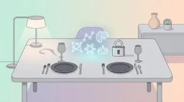 Minimalist dinner table with glowing AI icons, a lock, and a question mark shadow, symbolizing trust and marketing opportunities in Google's AI.