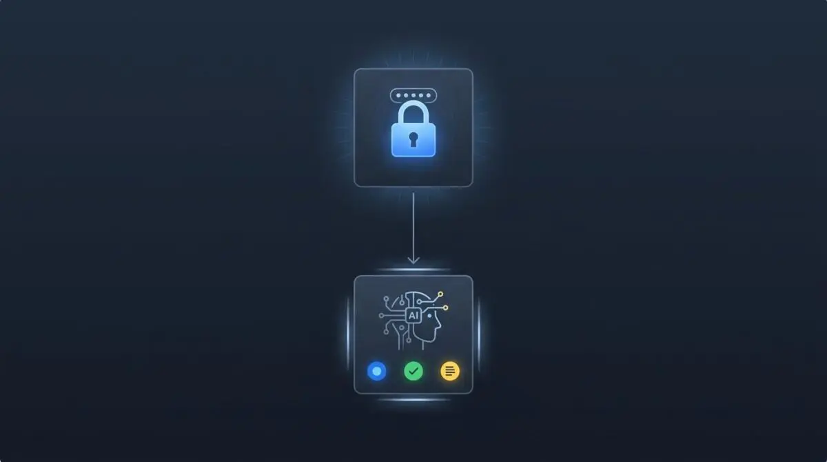 Minimalist UI: top node padlock icon with glow (identity), bottom node AI agent icon (workflow execution with approval gates and logging).