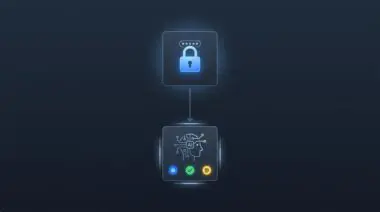Minimalist UI: top node padlock icon with glow (identity), bottom node AI agent icon (workflow execution with approval gates and logging).