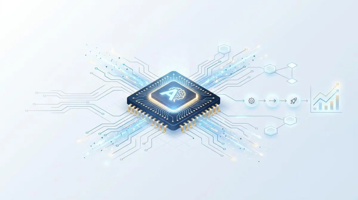 Isometric 3D microchip with glowing AI symbol and data streams to workflow elements for Slack AI agents reducing drag