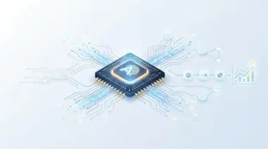 Isometric 3D microchip with glowing AI symbol and data streams to workflow elements for Slack AI agents reducing drag