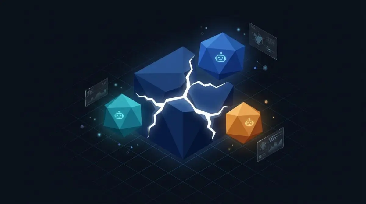 Monolithic blue polyhedron cracks into teal, blue, orange AI icons in a digital void, symbolizing AI search fragmentation.