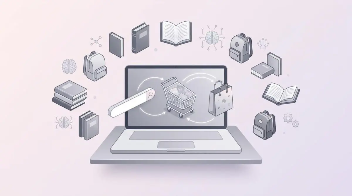Isometric laptop with search bar transforming into shopping cart and bag, surrounded by floating backpacks, books, and AI icons on pastel gray background.