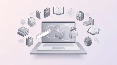 Isometric laptop with search bar transforming into shopping cart and bag, surrounded by floating backpacks, books, and AI icons on pastel gray background.
