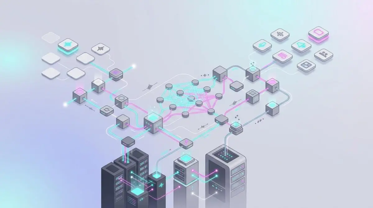 Isometric digital network of computing nodes and glowing data streams in navy, cyan, and magenta, representing AI voice platforms from infrastructure to no-code.