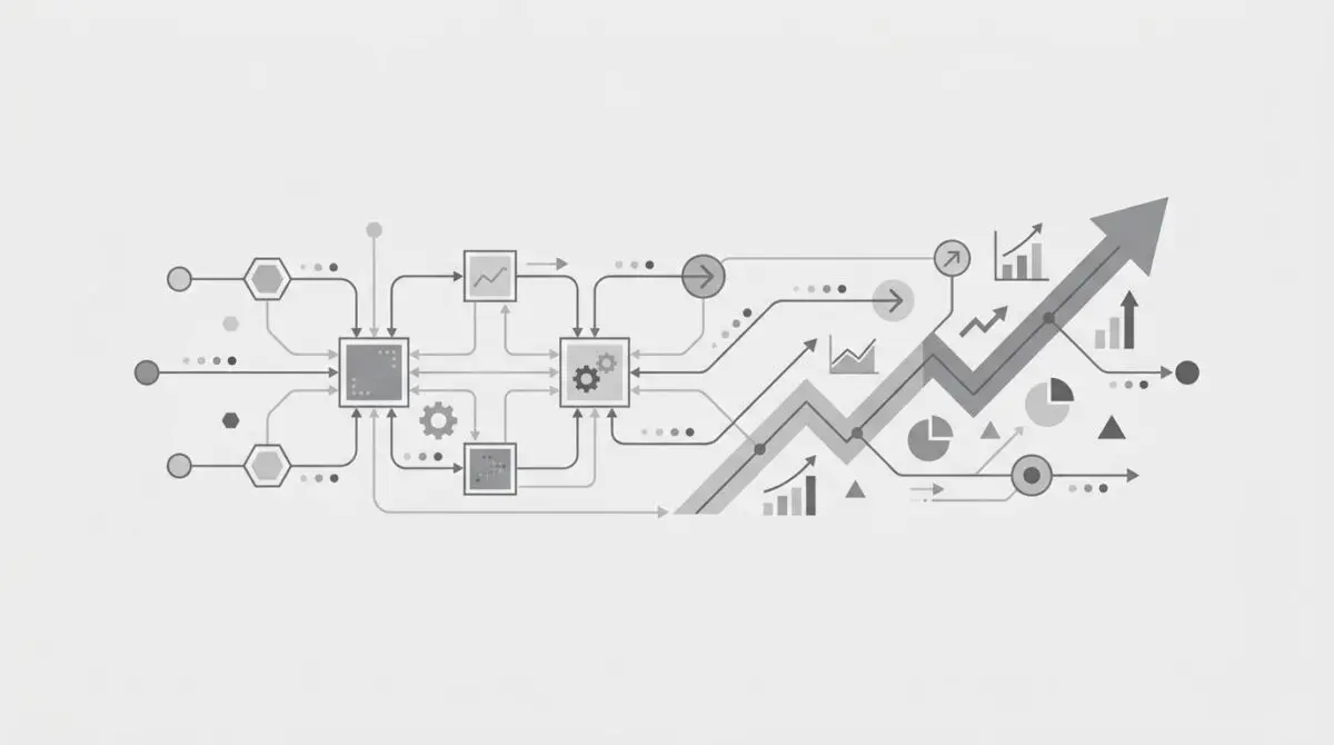 Digital blueprint with workflow nodes, upward arrow, market metrics for AI automation scalability.