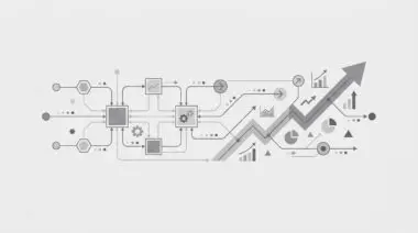 Digital blueprint with workflow nodes, upward arrow, market metrics for AI automation scalability.