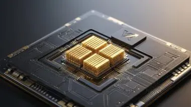 Macro 3D render of advanced microprocessor with golden memory stacks and intricate silicon architecture, symbolizing Vera Rubin's 10x agentic AI throughput per watt