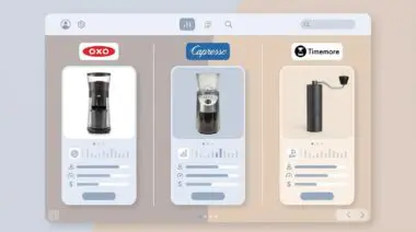 AI agent interface comparing OXO, Capresso, and Timemore coffee grinders on minimalist pastel UI mockup for agentic commerce.