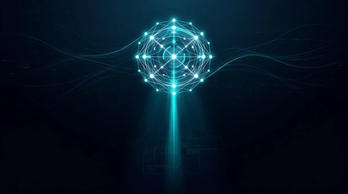 Glowing blue digital network node representing artificial intelligence and global connectivity.