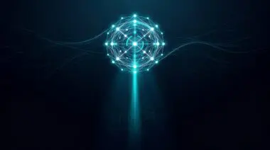 Glowing blue digital network node representing artificial intelligence and global connectivity.