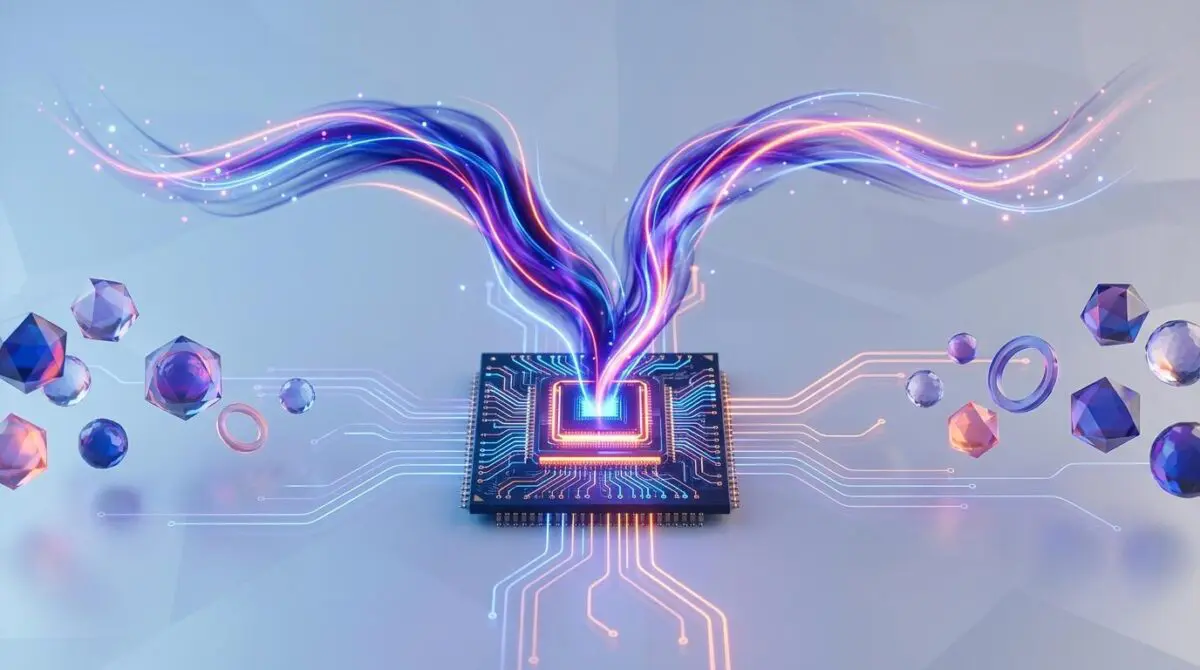 Glowing processor chip with energy plume splitting into two paths representing n8n vs Gumloop automation fork