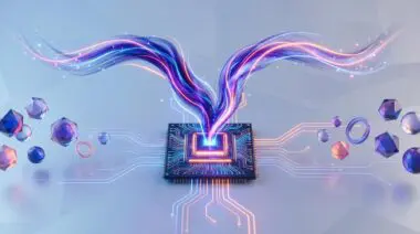 Glowing processor chip with energy plume splitting into two paths representing n8n vs Gumloop automation fork