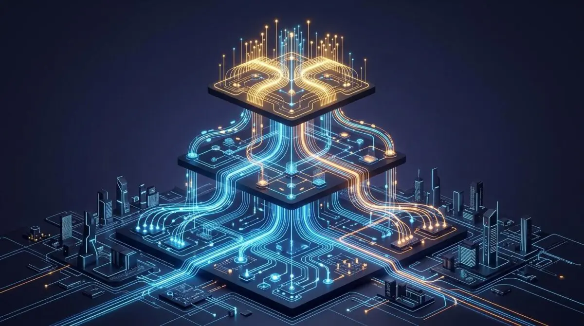 Glowing fiber optic pathways form three ascending automation tiers above a futuristic cityscape, depicting workflow to agent evolution.