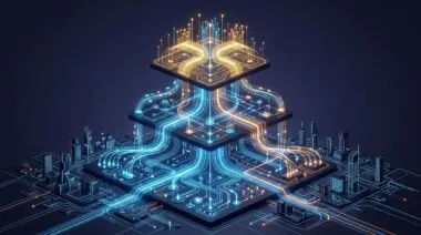 Glowing fiber optic pathways form three ascending automation tiers above a futuristic cityscape, depicting workflow to agent evolution.