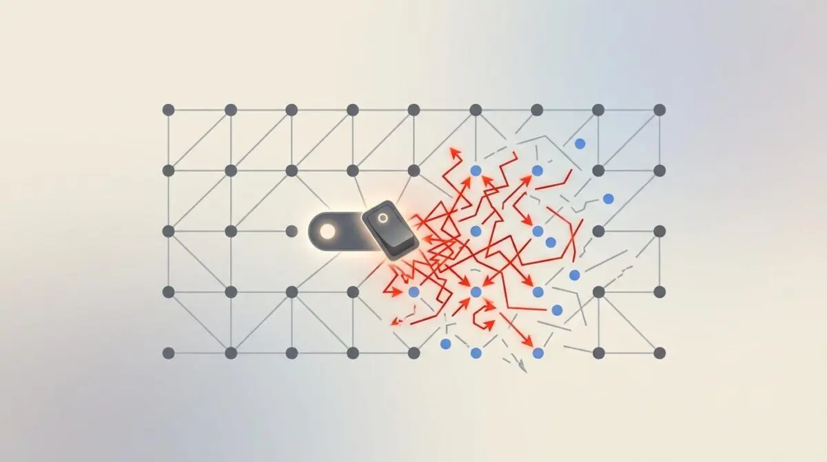 Glowing switch labeled ORIGIN tilting on a network map, causing tangled red arrows and broken gray lines among blue nodes.