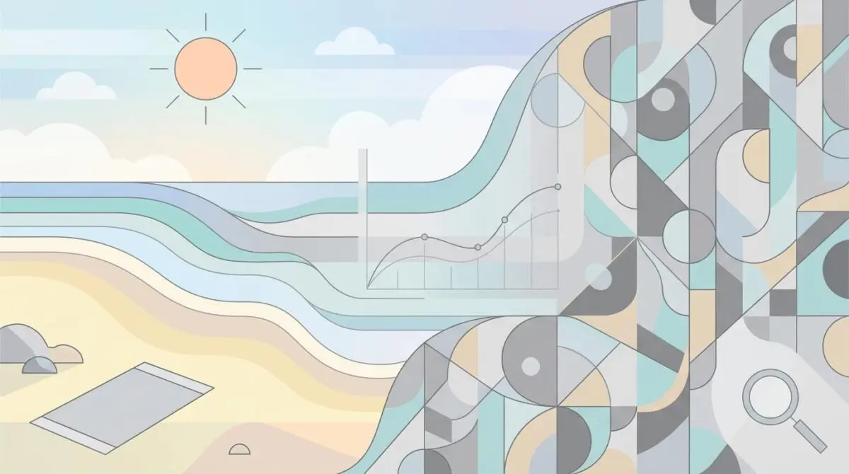 Minimalist beach-to-dorm transition with data graph and magnifying glass, analyzing Google's back-to-school trends.