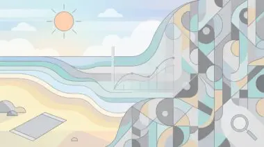 Minimalist beach-to-dorm transition with data graph and magnifying glass, analyzing Google's back-to-school trends.