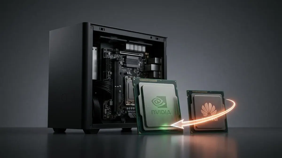 Black computer case and motherboard symbolizing China's compute deficit and Huawei catching up to NVIDIA